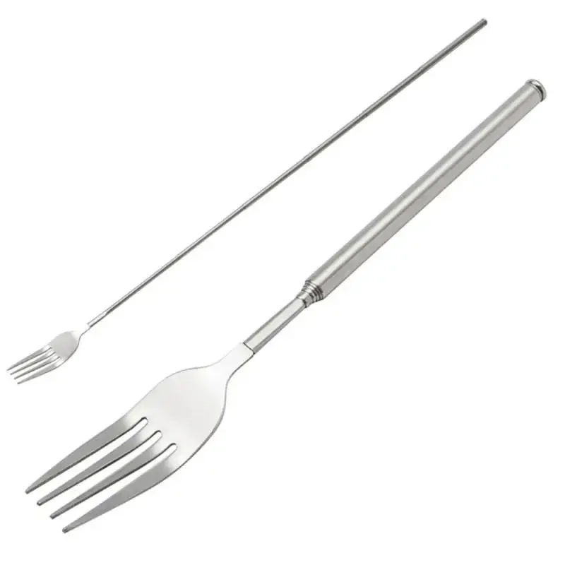 Food Fork Stainless Steel Sliver Telescopic Food Fork Long Cutlery Fork Extendable Dinner Fruit Dessert Fork Kitchen Tool