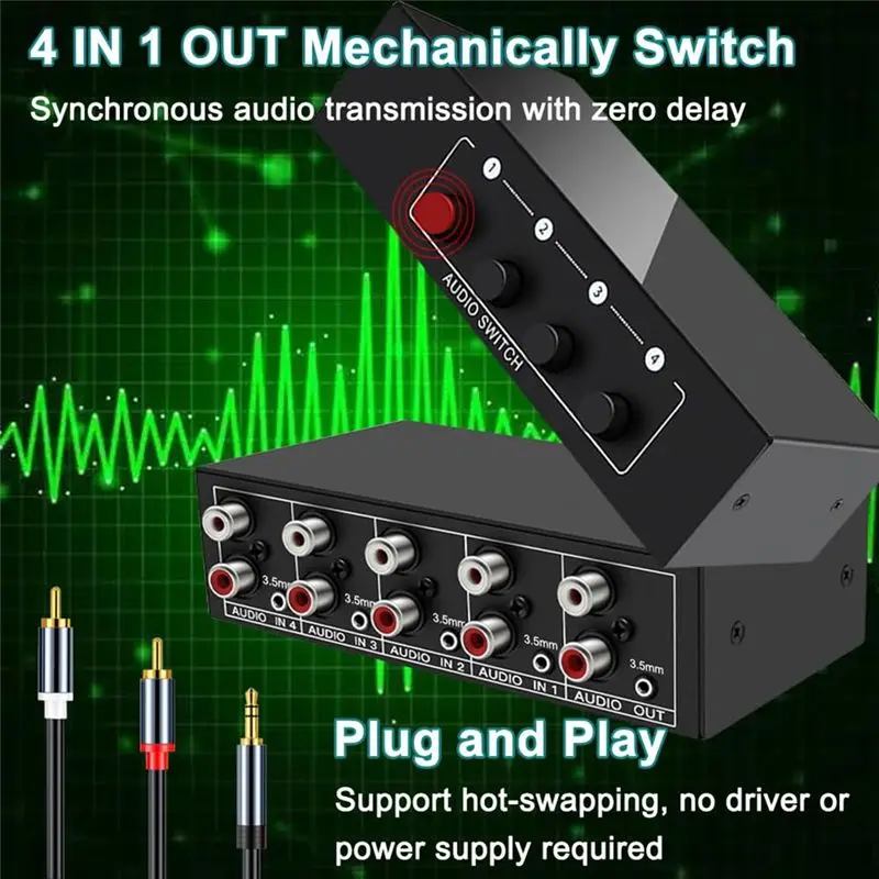 ABKQ-3.5Mm Aux +RCA L/R Bi-Directional Stereo Audio Switch 4 In 1 Out A/B Analog Audio Switcher Selector