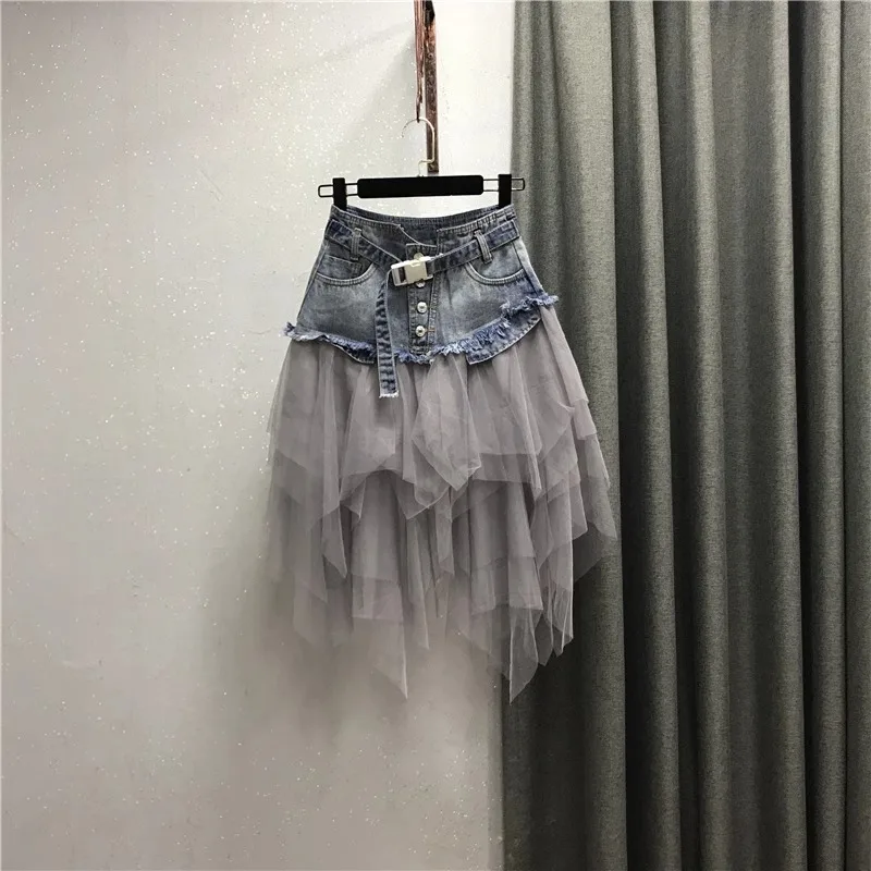 

2024 High Quality Women Denim Mesh Patchwork Lace Skirt High Waist A Line Asymmetric Frill Tulle Gothic Chic Skirts Faldas Mujer