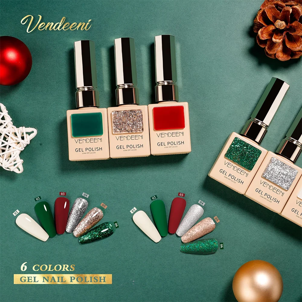 Vendeeni 6가지 색상/세트 크리스마스 젤 네일 폴리쉬 TPO HEMA FREE 아이스 스노우 블루 레드 그린 UV LED 소크 오프 젤 바니시 디스플레이 포함