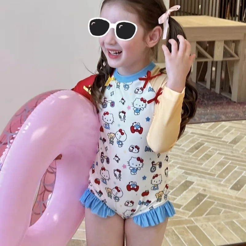 جديد الرسوم المتحركة مرحبا كيتي مطبوعة كم طويل ملابس السباحة الحماية من الشمس تكدرت التجفيف السريع قطعة واحدة ملابس السباحة بالجملة #4