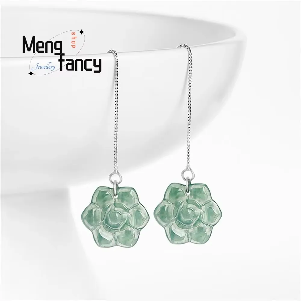

Natural A-goods Jadeite Blue Water Rose S925 Silver With Ice Jade Earwires Simple Exquisite Elegant Charm Luxury Fashion Jewelry