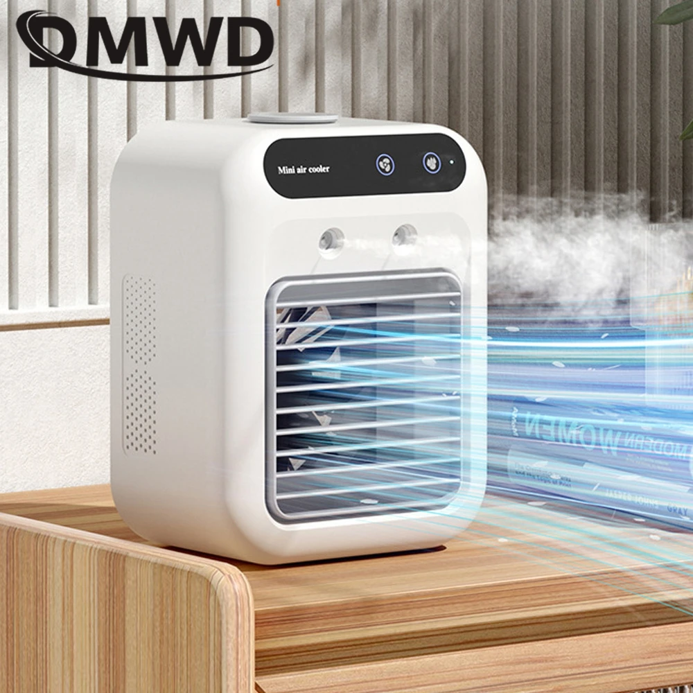 DMWD Electric Fan Air Conditioner Mini Mist Spray Humidification Desktop Cooling Machine Rechargeable Air Cooler Quick Cold