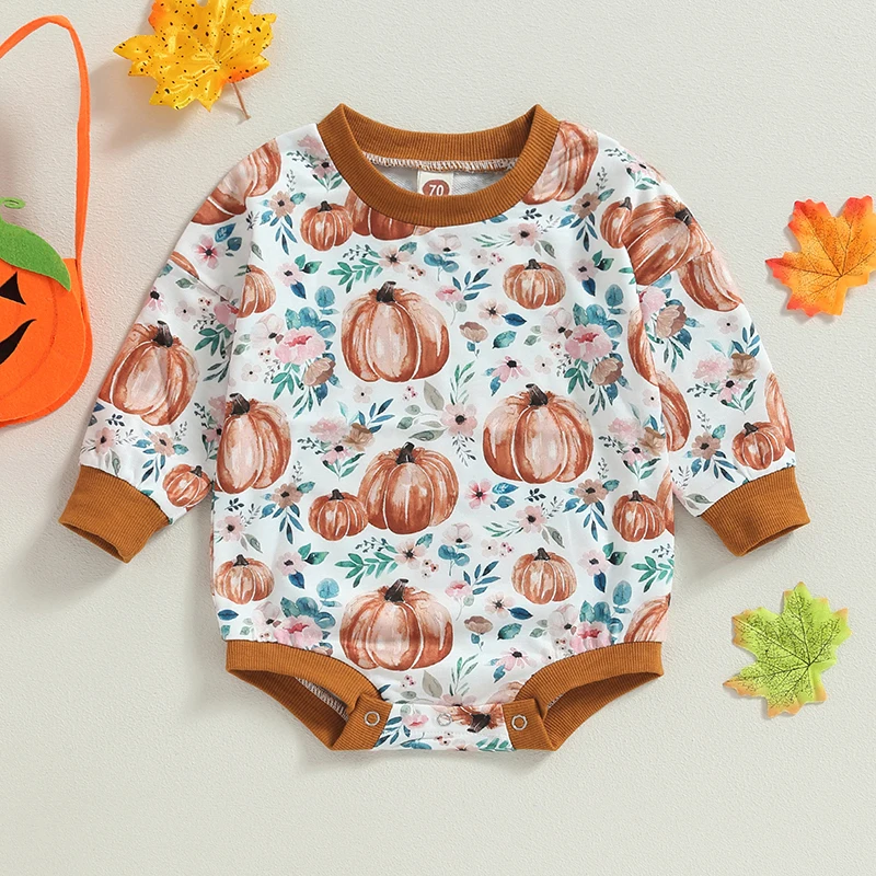 

Thanksgiving Baby Romper with Turkey Cornucopia Print Round Neck Long Sleeve Jumpsuit Sweatshirt for Infants