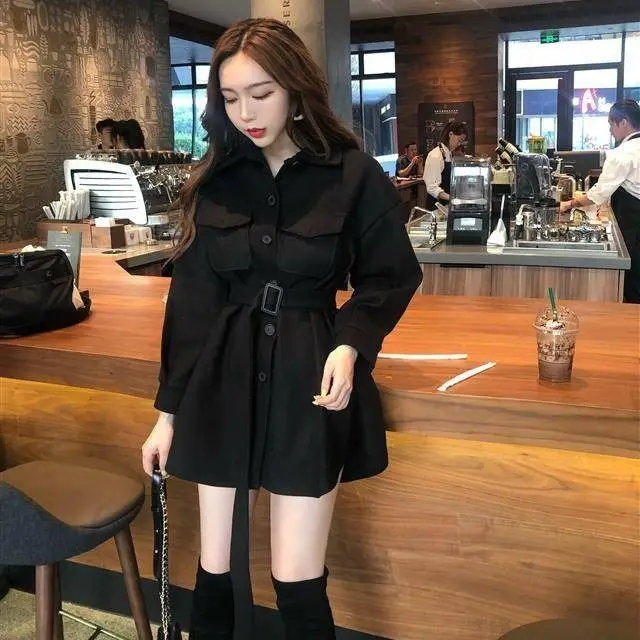 

Korean Style Hepburn Wool Coat Women Student Mid-Length Belted Trench Winter Slim Fit Fashion Overcoat