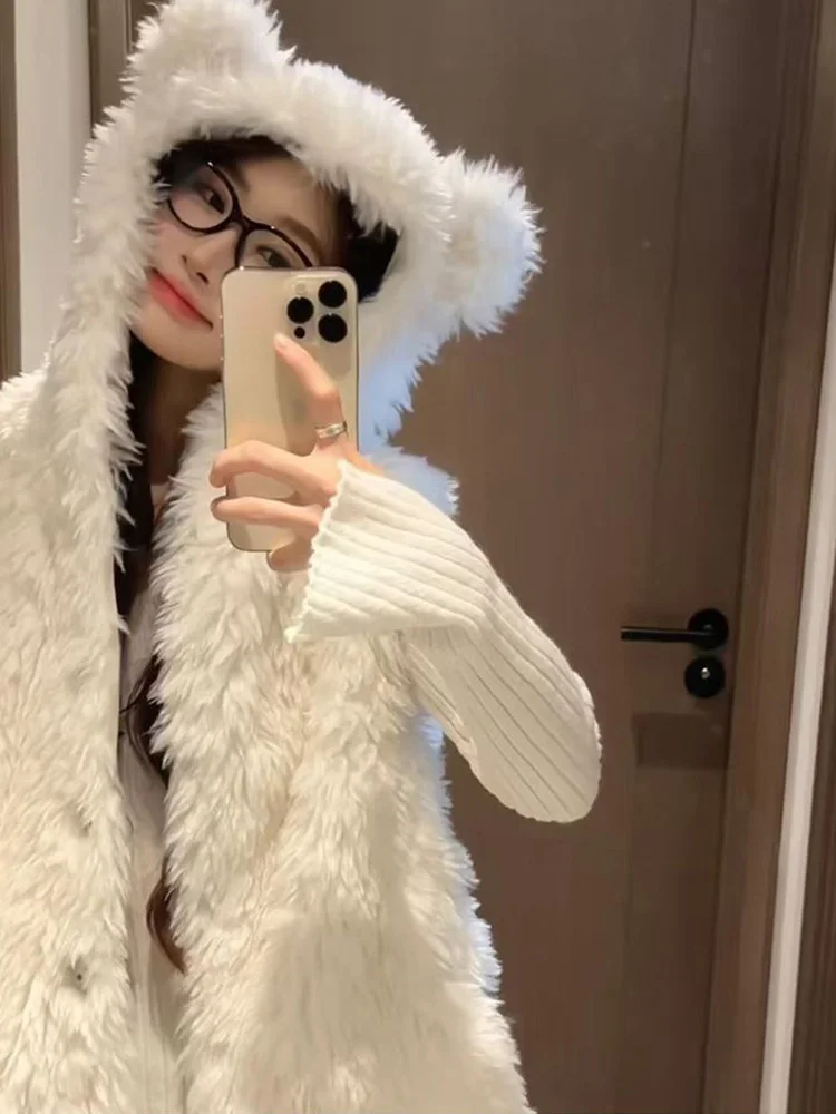 Winter Bear Ears Cute Vest Women Sweet Warm Faux Lamb Kawaii Tops Coat Korean Casual Preppy Style Female Single Breasted Vest