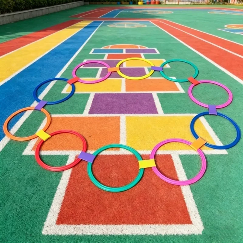 

Children Hopscotch Jump Ring Kit 10 Hoops 10 Connectors Outdoor Sport Game Toy Physical Training Play Set For Kids Boys Girls