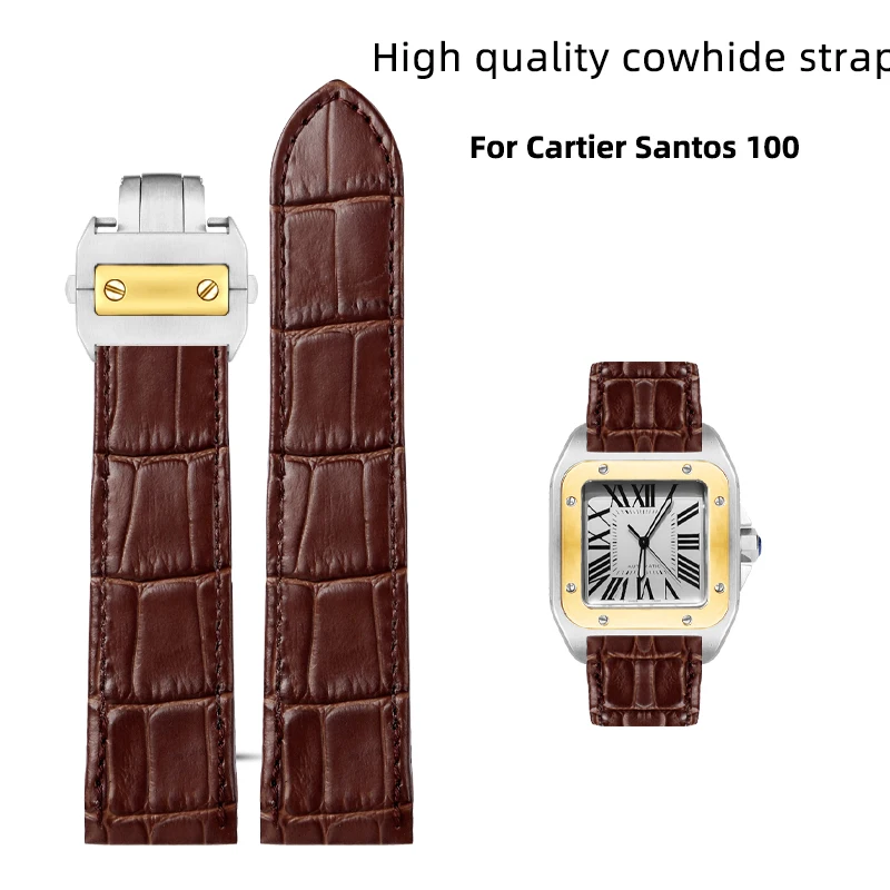 Correa de reloj transpirable a prueba de sudor de piel de vaca Premium seleccionada delicada marrón negro para Cartier Santos Sandoz 100 Series 20mm 23MM