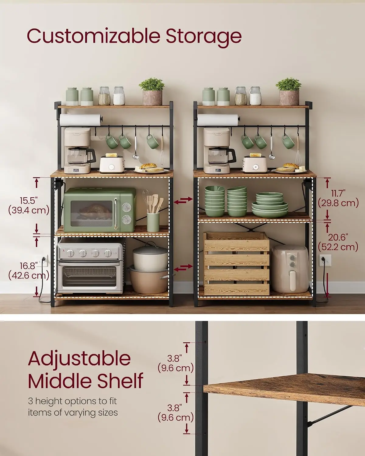 Kitchen Bakers Rack Power Outlet 315 Inch Wide Coffee Bar 4 Tier 8 S Hooks Modern Microwave Stand Adjustable Shelf Rustic Brown
