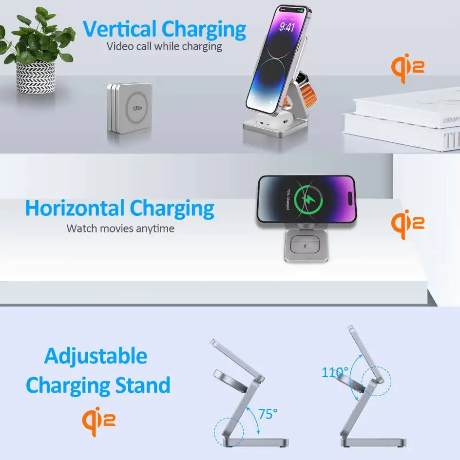 Magnetyczna ładowarka bezprzewodowa Qi2 25 W Podstawka ładująca 2 w 1 do iPhone'a 15 16 Pro Max/AirPods do szybkiej ładowarki MagSafe — zdjęcie produktu 4