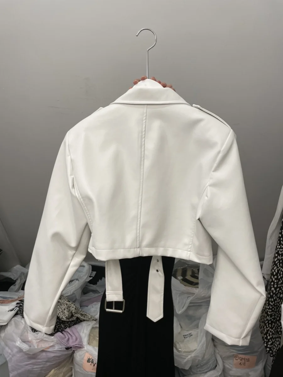 Cappotto in pelle da moto con cerniera con colletto rovesciato con cintura in PU primavera autunno nuova giacca corta alla moda in stile Y2K