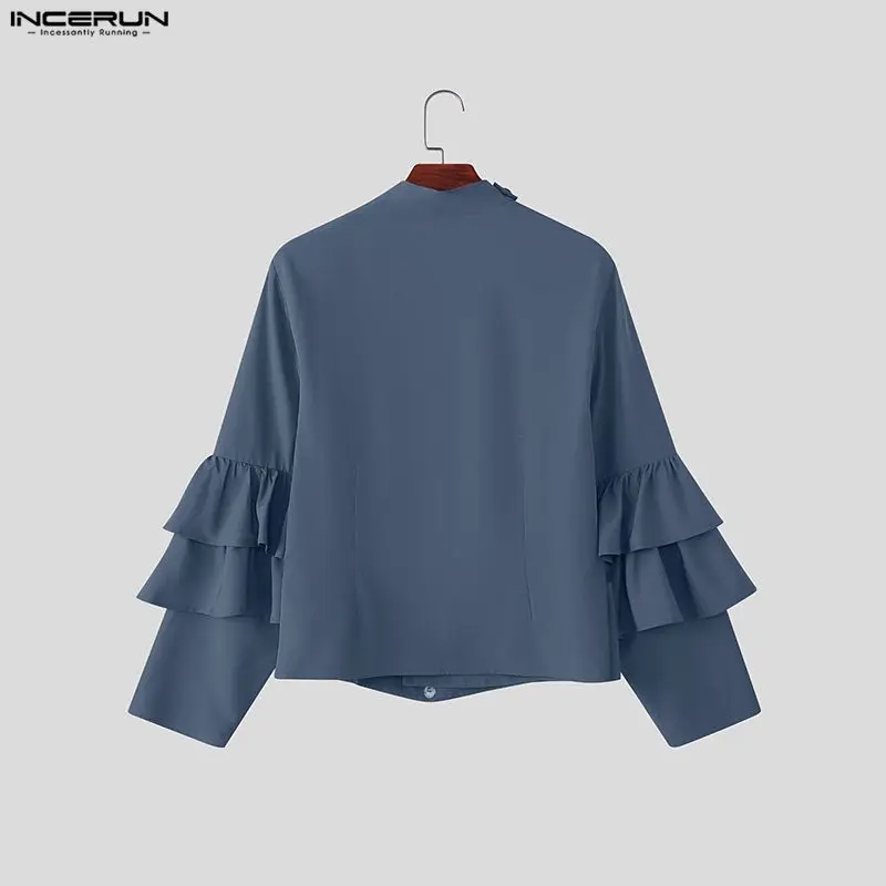 INCERUN Kemeja Pria Kerah Berdiri Polos Ruffle Pakaian Pria Kancing Lengan Panjang Kemeja Pria Kasual Fashion Jalanan Longgar S-5XL