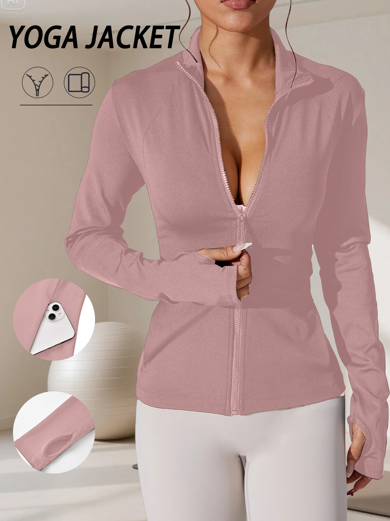 

Женская тренировочная куртка на молнии с отверстиями для большого пальца для бега, пеших прогулок и йоги