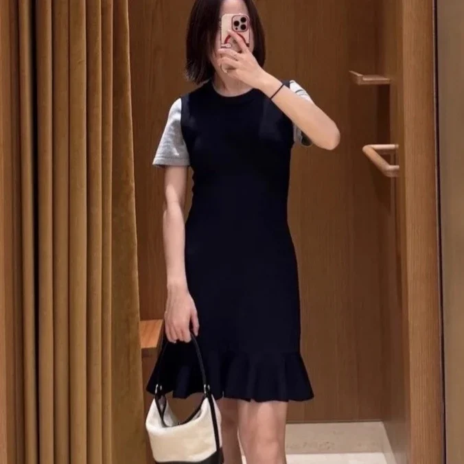 

Женское осенне-зимнее новое лоскутное платье-двойка с короткими рукавами и рюшами, мини-платье «рыбий хвост»