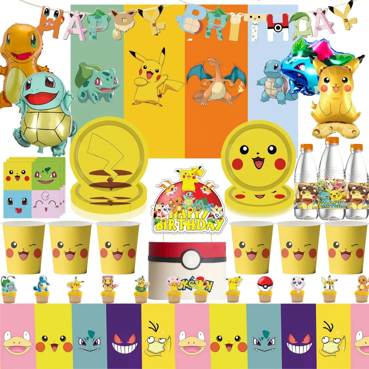 

Pokemon Birthday Decoration Pikachu Disposable Tableware Plates Cups Squirtle Bulbasaur Balloon Baby Shower Kids Party Supplies