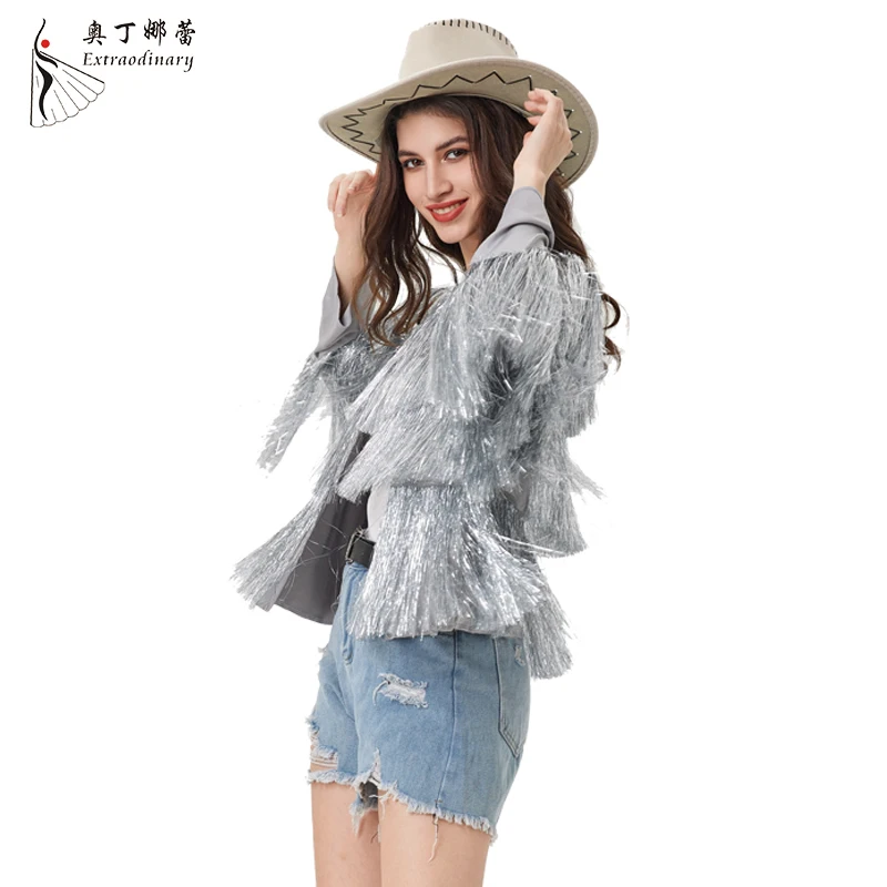 Tinsel jacket Women Coat Temperament Club Coat Long Sleeve Trendy Fashion Sequins Tassel  Jacket  festival open front  carnival