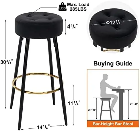 30 inches Modern Round  Stools Set of 2, Upholstered Dining Chair Stool with Gold Footrest for Kitchen Island Coffee Pub Shop  H