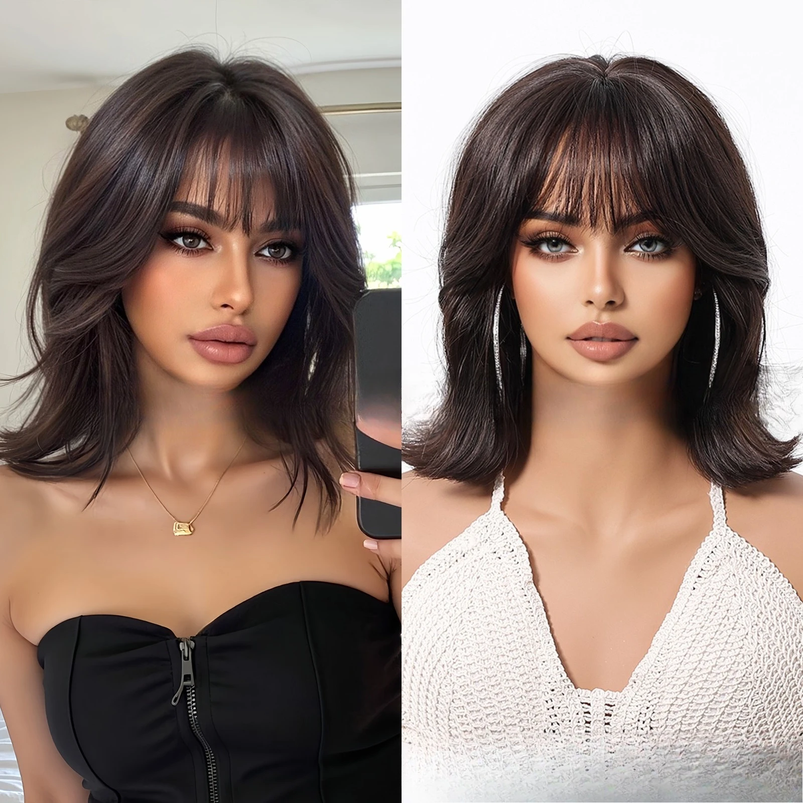 

New wig brown Qi bangs bobo short curly hair full hood wigs