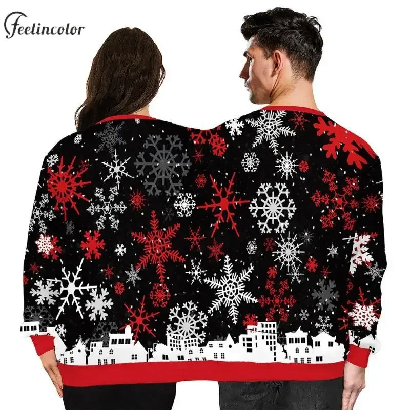 Couple Ugly Christmas Sweatshirt Santa Claus and Reindeer Graphic Pullover Two Person Long Sleeve Hoodies Women Men Clothes