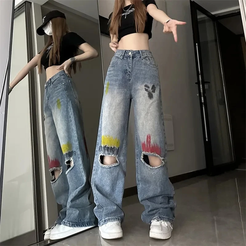 

Coloured Drawing Ripped Y2k Baggy Jeans Women Aemican Style Streetwear Trousers Vintage High Waist Wide Leg Women's Denim Pants