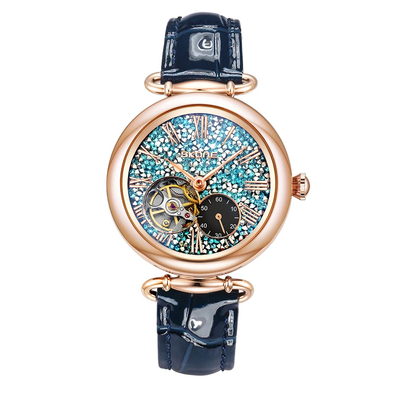 Luxury Automatic Mechanical Watch For Ladies Waterproof Blue Leather Strap Ladies Wristwatch Women Female