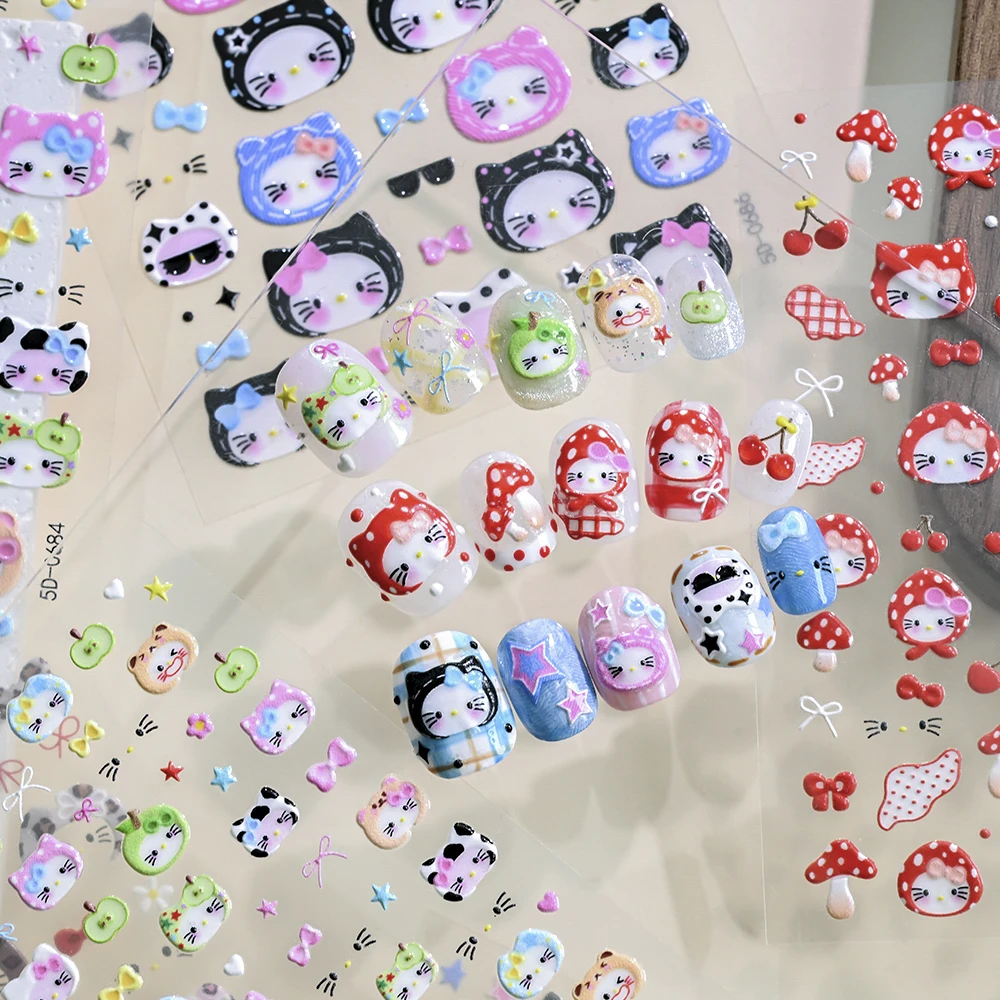 5D漫画帽子レッドチェリーキティキャットネイルアートステッカーかわいいチェリー＆マッシュルームハローキティネイルデカール自己粘着帽子KTスライダー