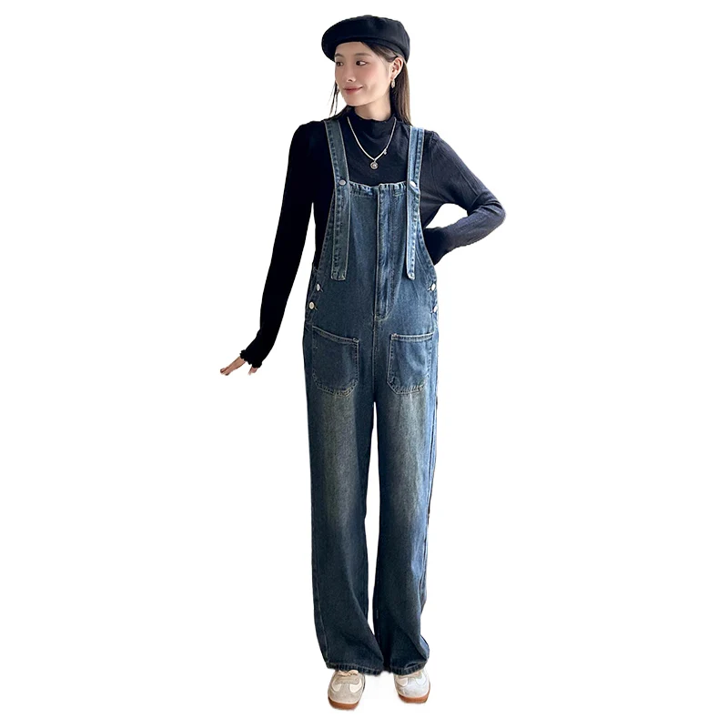 Vintage Washed Maternity หญิงตั้งครรภ์ Overalls Denim กางเกงยีนส์สีฟ้าเยาวชนการตั้งครรภ์ Jumpsuits หลวมขากว้างตรงกางเกง
