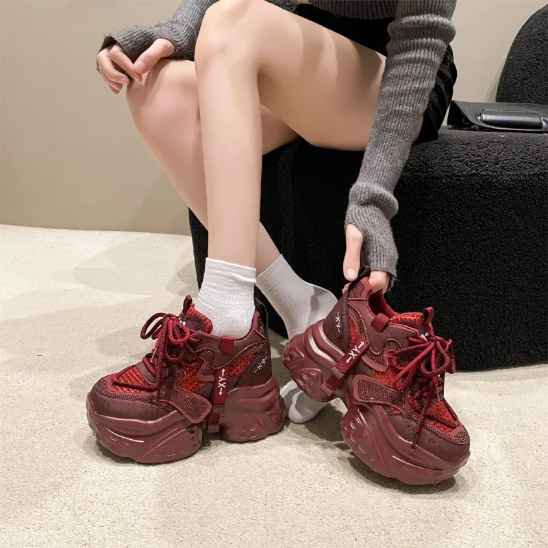9CM New 2024 Spring Women Chunky Sneakers Heels Lace-up High Platform Sports Shoes Woman Breathable Mesh Shoes Leather Sneakers
