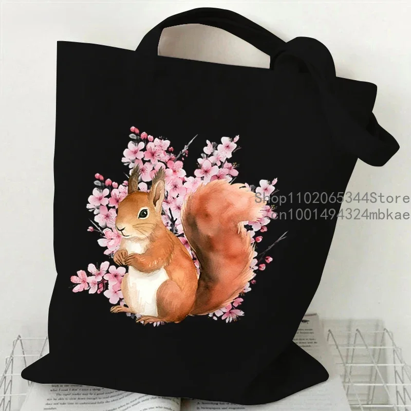 Cute Cherry Blossom Squirrel Print Women Men Shoulder Bags Teenager Cartoon Animal Fashion Trend Travel Beach Bag Female Handbag