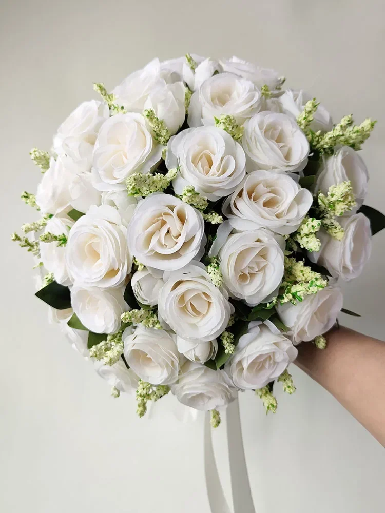 Buquê de casamento branco para noiva, dama de honra, rosas de seda, flores artificiais, buquê de casamento, acessórios de casamento, corpete