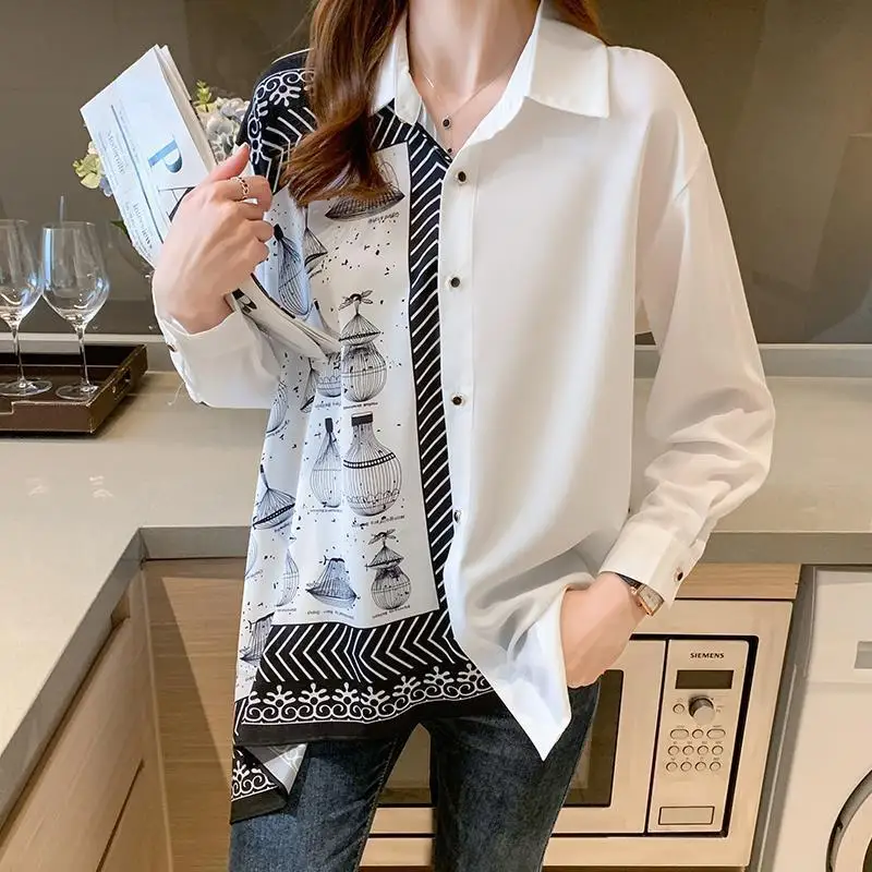 Womens Stylish Vintage Asymmetrical Design Shirt Elegant Chic Office Lady Commute Blouse Casual Print Patchwork Long Sleeve Tops