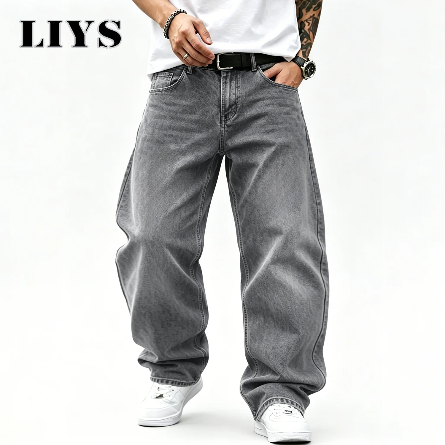 LIYS American Retro Washed Baggy Wide Leg Men's Jeans Casual Oversized Loose Fit Denim Pants Suitable For Casual Work Wear