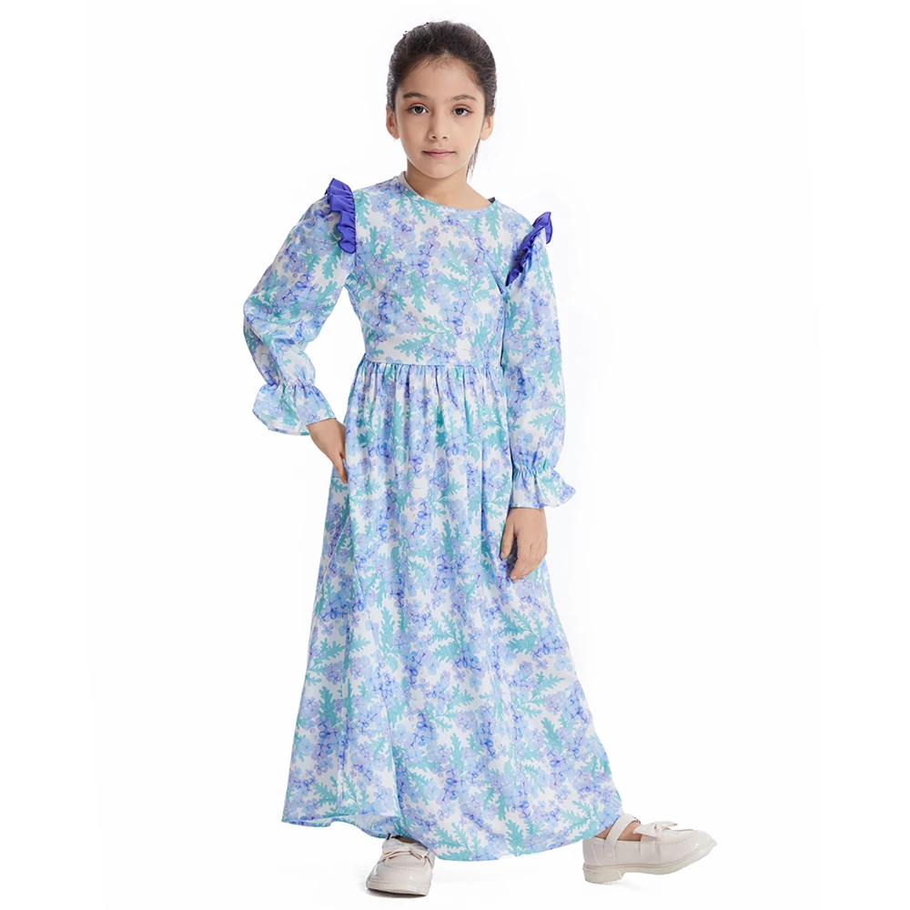 Ramadan Fashion Muslim Children Abaya Print Girls Maxi Dress Long Robe Gown Kids Eid Kaftan Middle East Arab Islamic Clothing