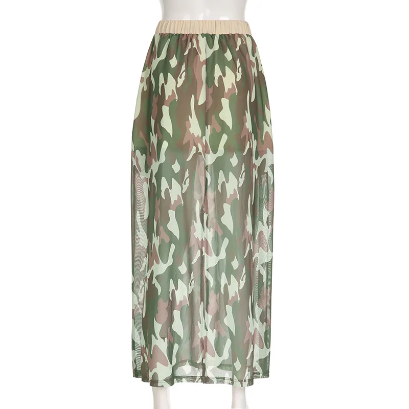 BKLD Y2k Clothing Mesh Camouflage Skirts For Woman Harajuku Fashion Streetwear Pockets Elastic Drawstring High Waist Cargo Skirt