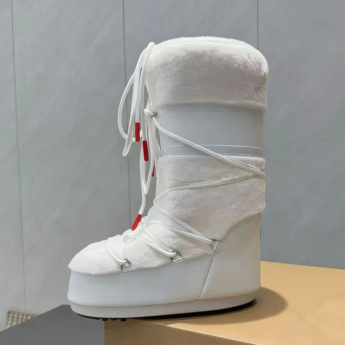Thick soled hairy snow boots for women, 2026 winter new item, mid high tube lace up cotton shoes, anti slip and warm ski shoes