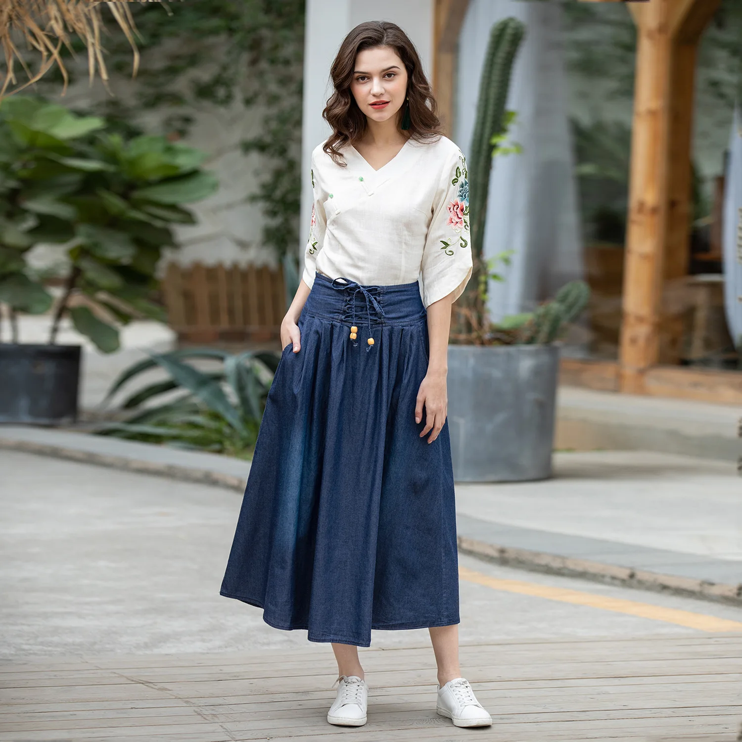 

Free Shipping 2022 New Fashion Long Maxi S-XL A-line Denim Skirt Elastic High Waist Summer And Spring Bandage Soft Skirts