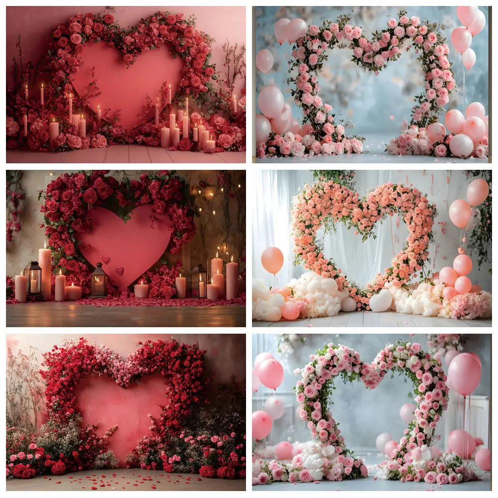 

Valentines Day Photography Backdrop Love Heart Flowers Balloons Birthday Wedding February 14 Event Party Decor Photo Background