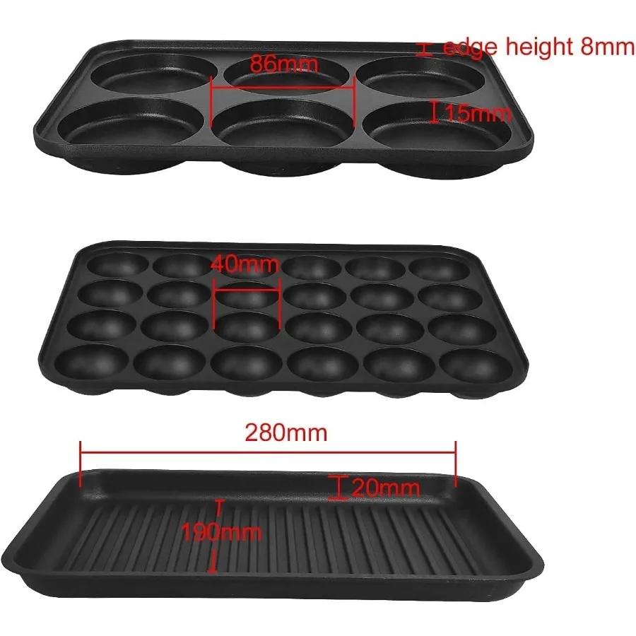 3 in 1 多機能電気グリドル 電気フライパン ノンスティックベーキングメーカー 3つの交換可能なパン付き たこ焼きケーキポ用
