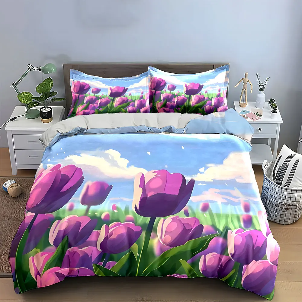 

Purple Tulip Set Home Decoration Soft Skin-Friendly Bedding Set Includes 1 Duvet Cover And 2 Pillowcase, Gift