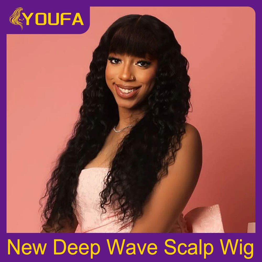 

Deep Wave Human Hair Wigs With Bangs 3x1 PU Scalp Middle Part Fringe Wigs For Women Long 30 Inch 250 Density Human Hair Bang Wig