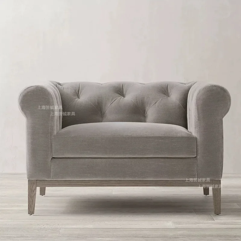 American retro old solid wood three-person sofa French modern living room fabric sofa combination