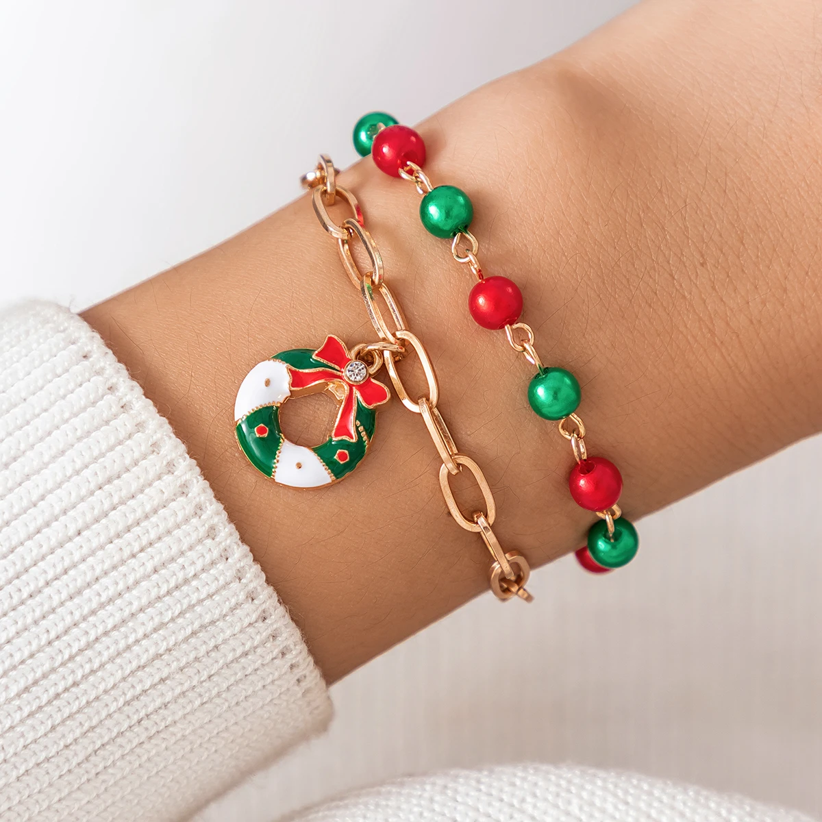 Salircão-Pulseira acrílica para mulheres, metal fofo, pingente de sino boneco de neve, charme vermelho e verde, festa coreana joias, presente