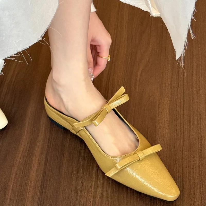 

Женские летние полутапочки, новые летние туфли с острым носком и манжетами с увеличенной внутренней частью, баотоу с бантом, Мэри Чжэнь, крутой дрэг