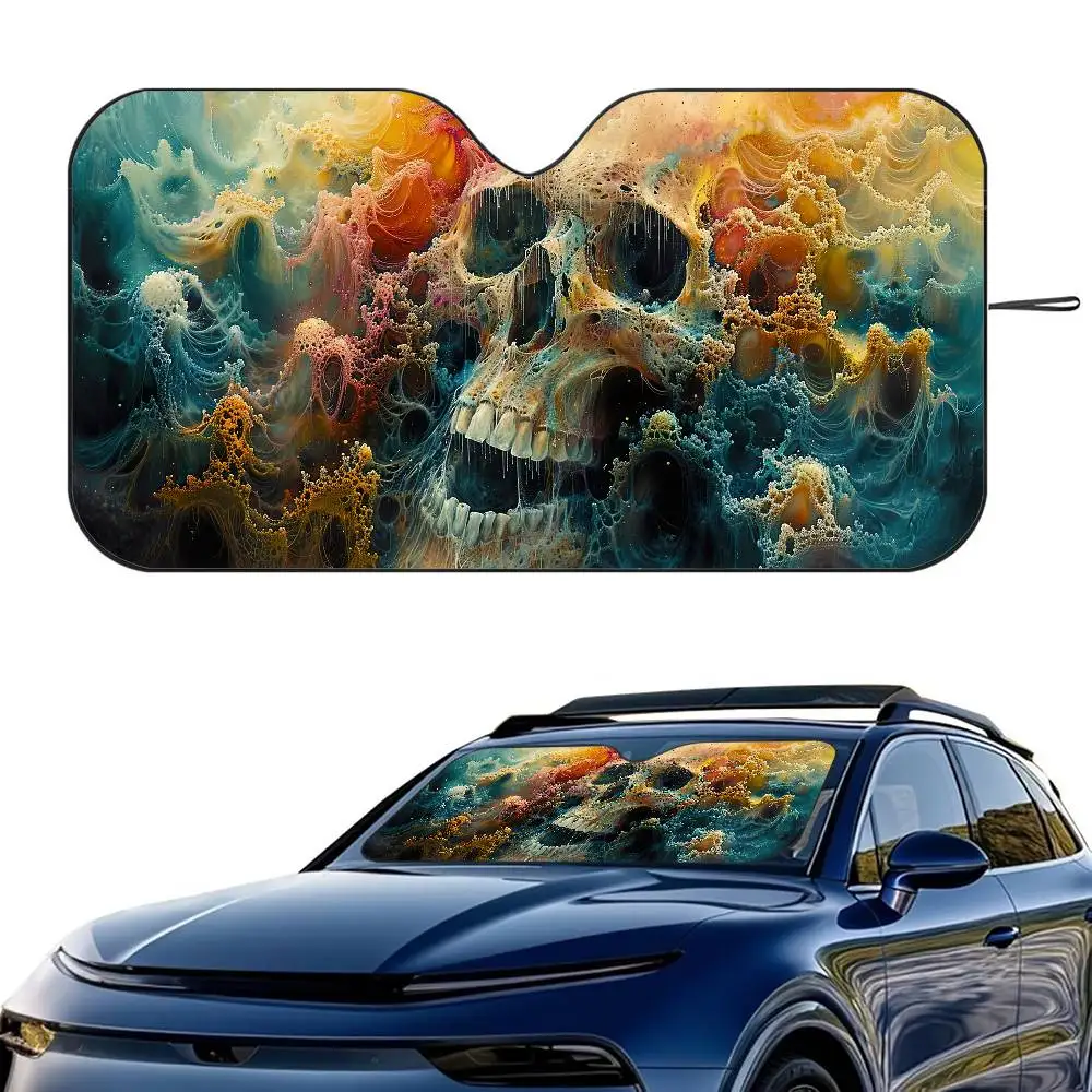 

1PC Abstract Skull Car SunShade Windshield Foldable Three-layer Insulation Sunshade By Suction Cup Blocks UV Rays Sun