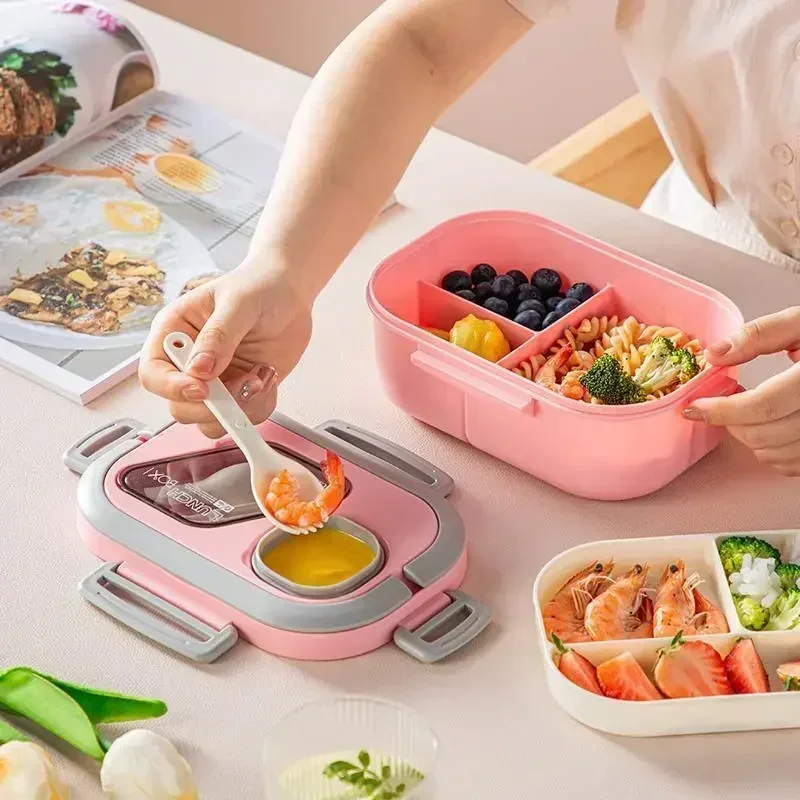 Plastic Lunch Box Food-grade Plastic Lunch Box Independent Three Compartments Vegetable Salad High-color Value Students Work