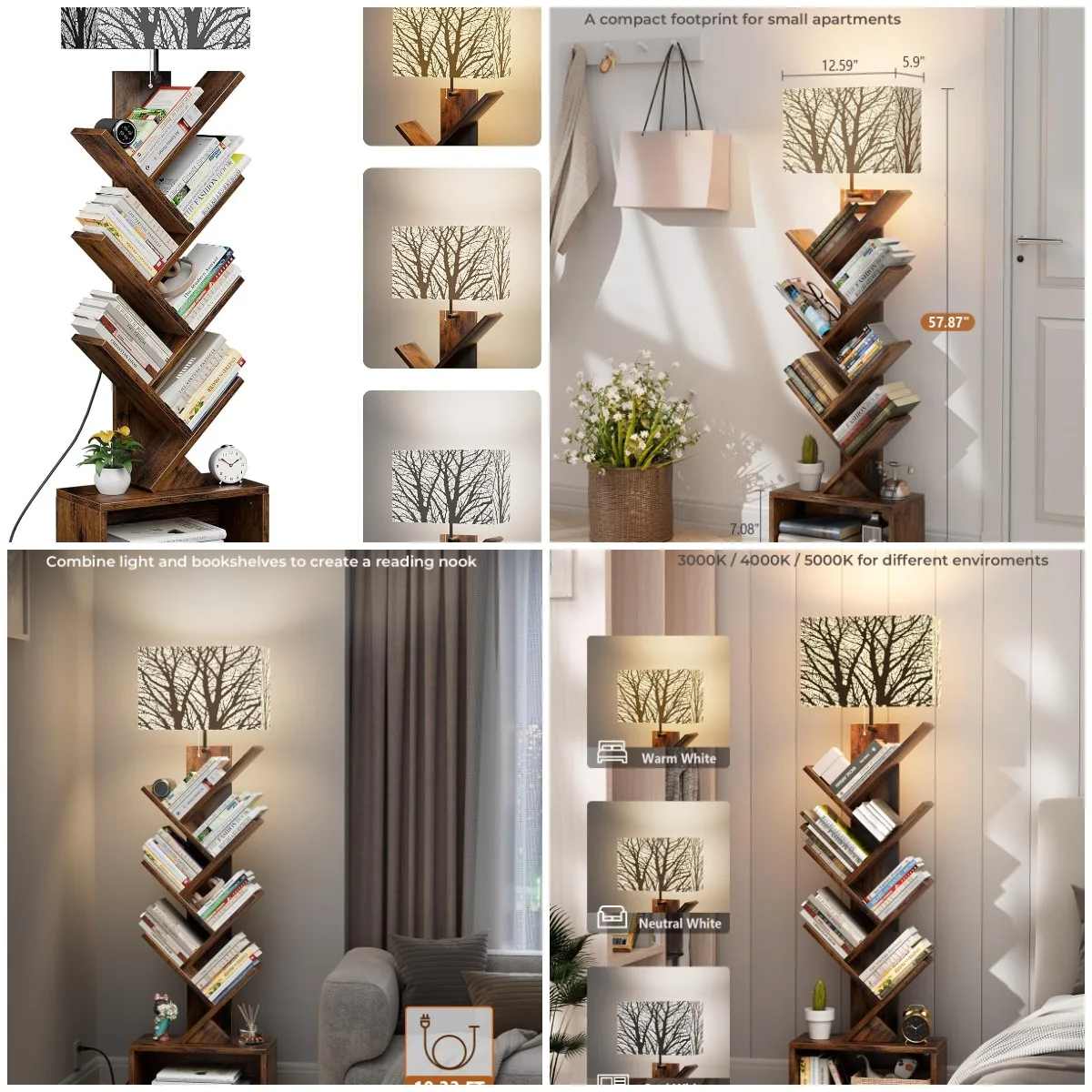 

6-Tier Tree Bookshelf with Light, Narrow Floor Standing Bookcase, Rustic Brown