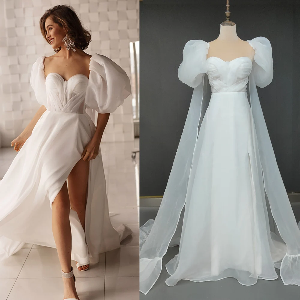 Vestido de novia fruncido de Organza con abertura hasta el muslo, Simple, hecho a medida, tallas grandes, mangas cortas de linterna, liso, escote corazón