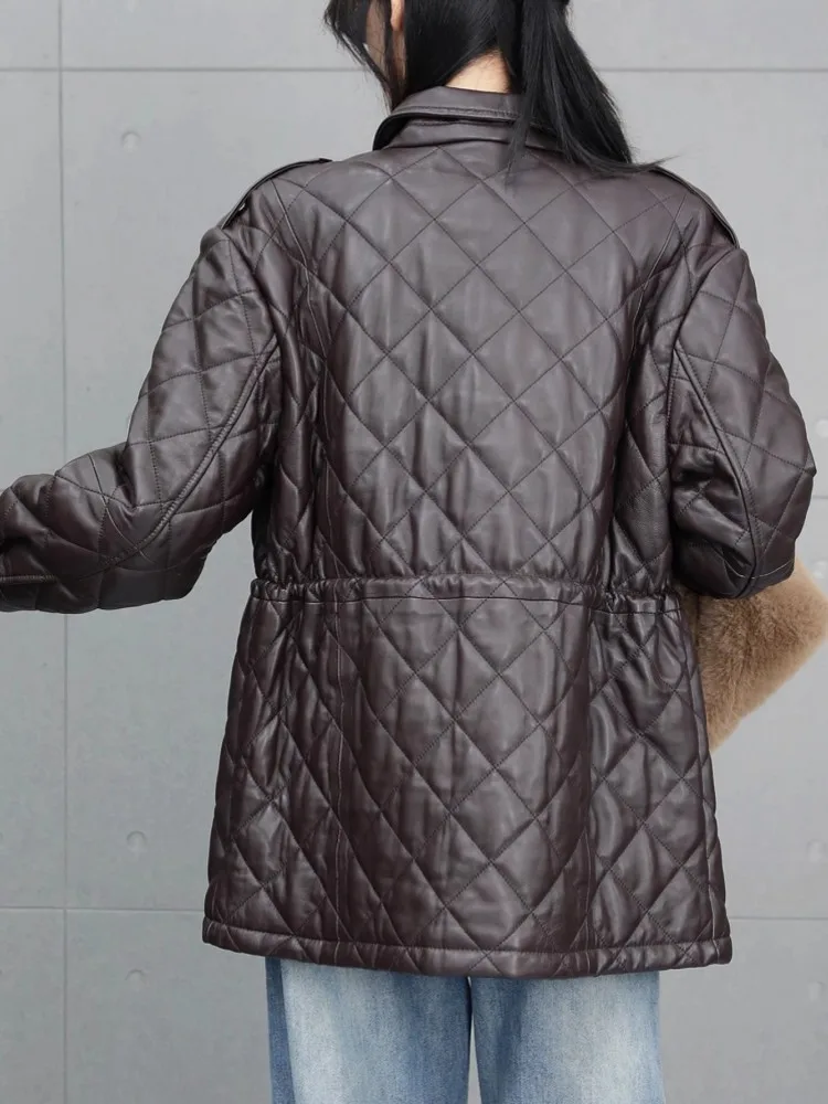 เสื้อแจ็คเก็ตหนังแท้สำหรับผู้หญิง สไตล์ลำลอง ปกพับได้ แขนยาว ทรงหลวม ผ้าหนังแกะ เหมาะสำหรับฤดูหนาว