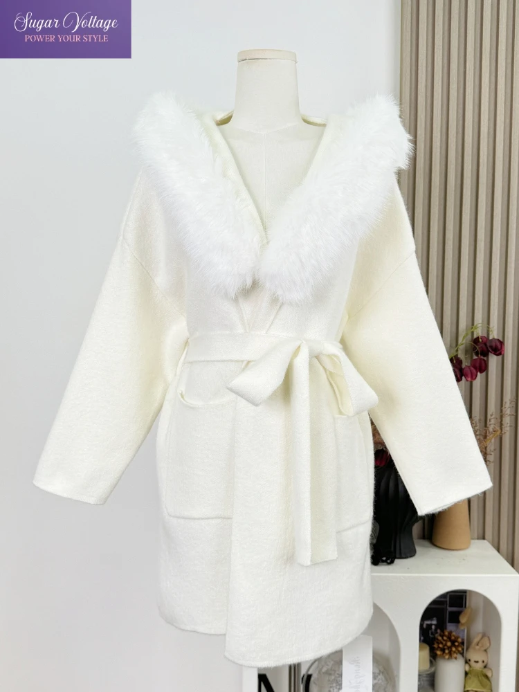 French Retro Elegant Hooded Faux Fur Collar Wool Coat for Women Winter Warm Double-Sided Belted Loose Fit Elegant Chic Outerwear