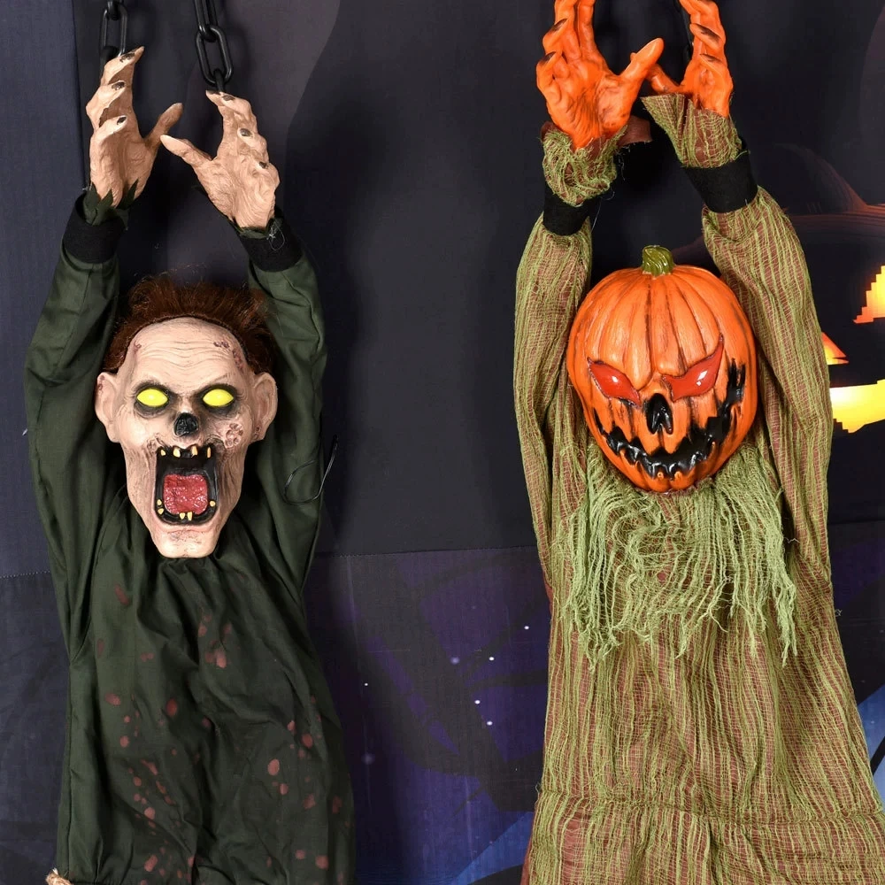 دعائم حفلات الهالوين مهرج معلق متحرك مع سلسلة عيون متوهجة صوت زاحف لتزيين ساحة المنزل المسكون في الهواء الطلق